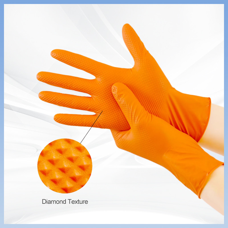 De oranje Beschikbare Handschoenen van het Nitrilwerk poederen Vrij Diamond Texture Industrial Nitrile Gloves